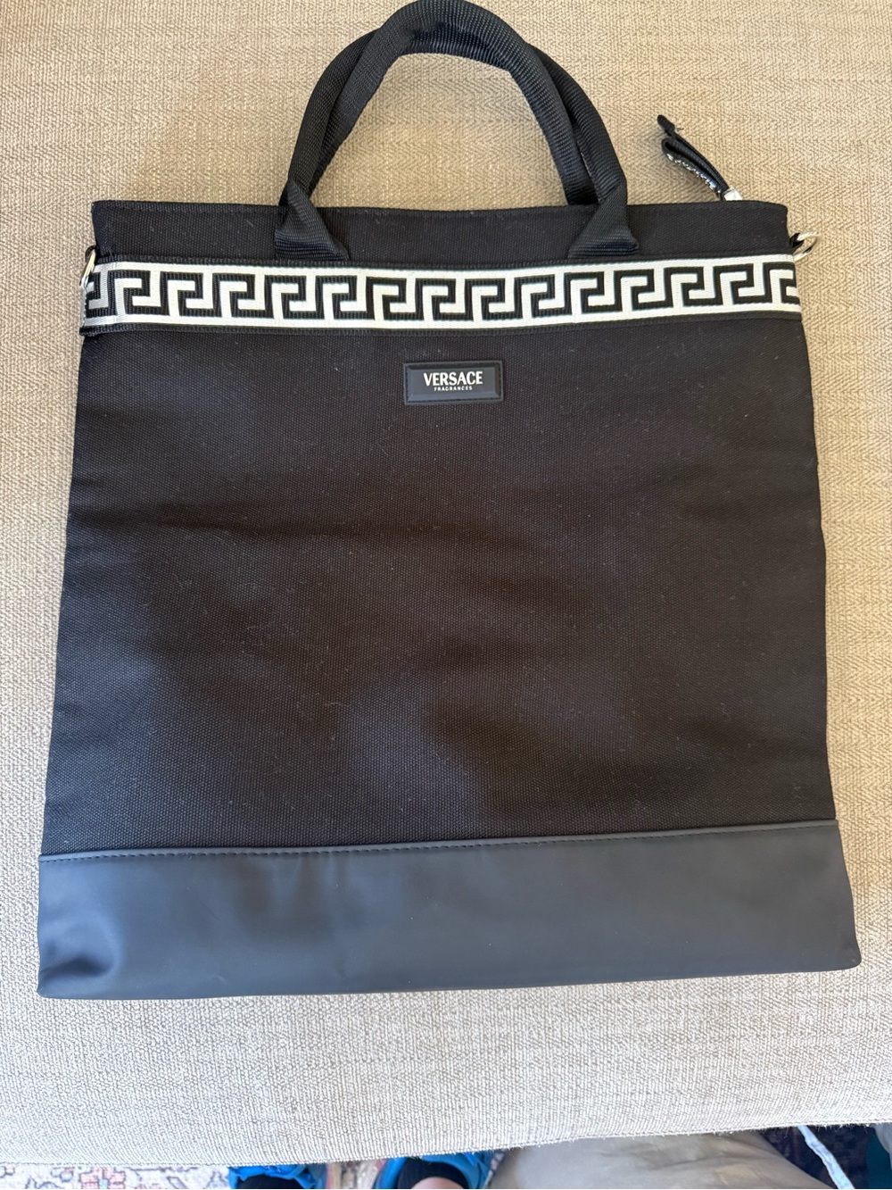 Versace Perfume Black and White Laptop Tote with Greek Key Band